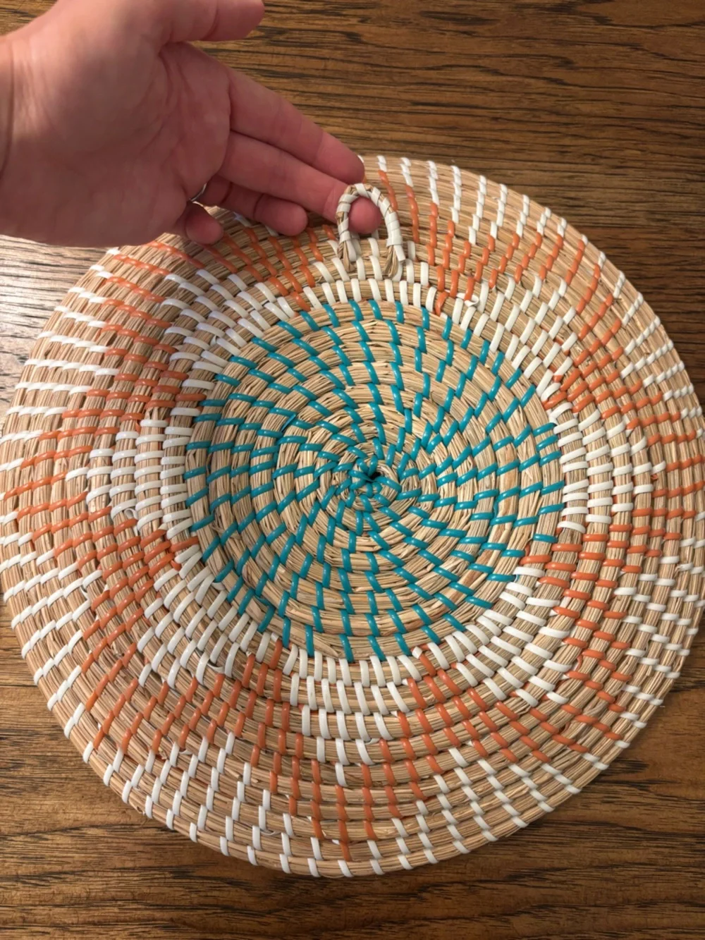 Set of 2 Handwoven Senegalese African Wall Baskets Turquoise Coral Boho Decor